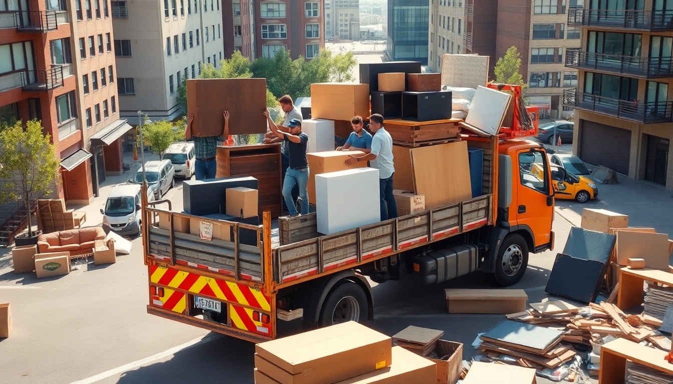 Hauling service workers lifting heavy items with a truck in a busy urban setting.
