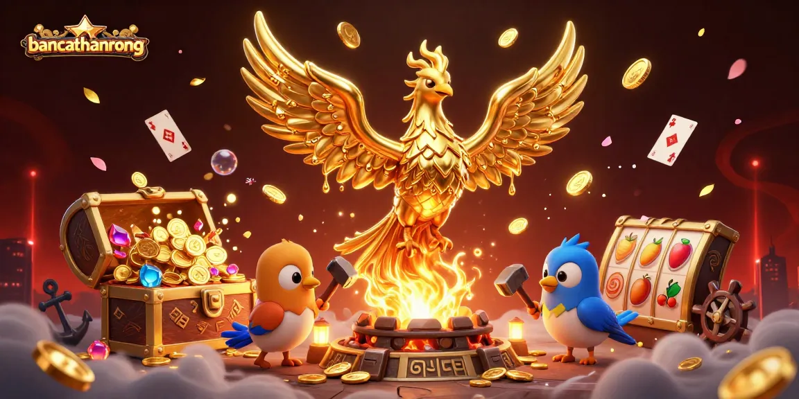 Bancathanrong showcases thrilling casino excitement with golden phoenix, game elements, and coins exploding with victory.