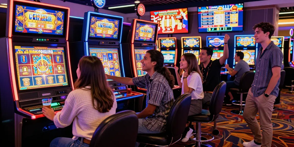 Players enjoying Slot MAHJONGJP88 together in a lively casino setting, capturing gaming excitement.