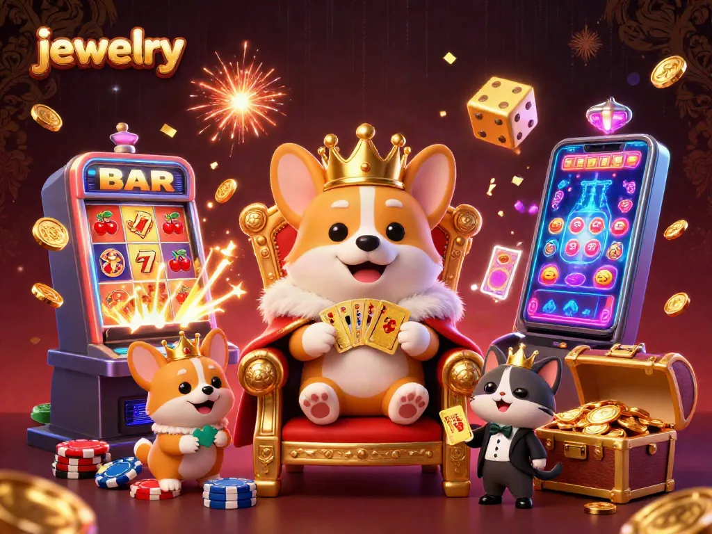 Engage with stunning jewelry-themed slot machines and royal corgis celebrating wins in a vibrant casino scene.