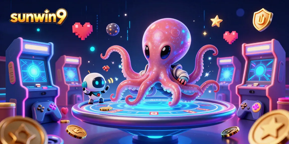 Join the fun at sunwin9 with an alien octopus showcasing holographic poker in a vibrant casino world.