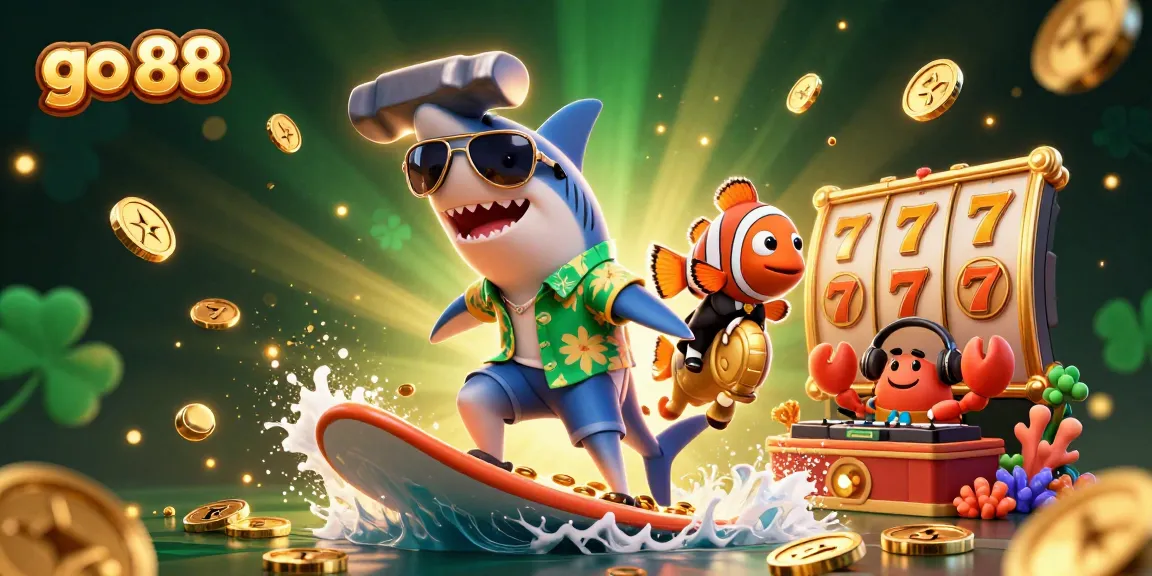 Engage in go 88 casino fun with a vibrant shark, clownfish, and crab DJ illustration.