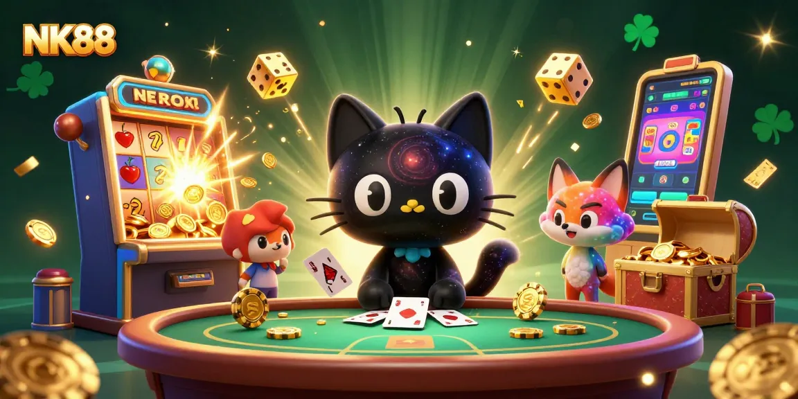Engage with the vibrant world of NK88 featuring a cosmic casino scene full of dynamic gaming elements.