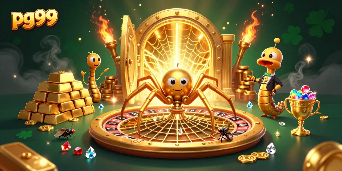 Engage in thrilling bets at pg99 with a vibrant illustration of a spider and croupier in action.