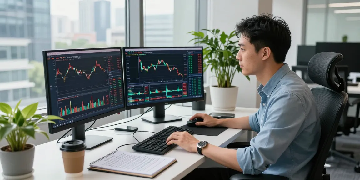 Trader engaging with live charts on the XXKK Crypto Exchange, showcasing a modern office workspace.