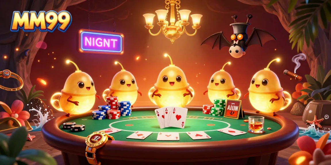 Experience thrilling poker action with MM99's vibrant glowworm casino illustration.