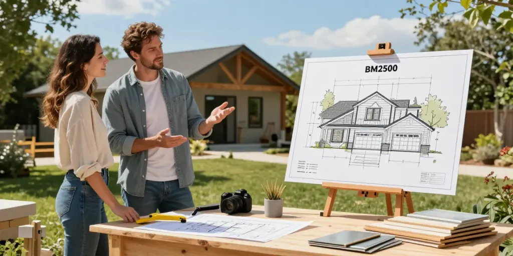 Couple reviewing BM2500 barndominium design plans outdoors, surrounded by nature.