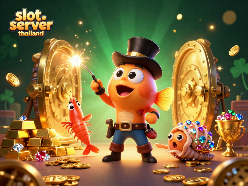 Exciting slot server thailand scene with anglerfish and treasure attracting golden coins and gems.