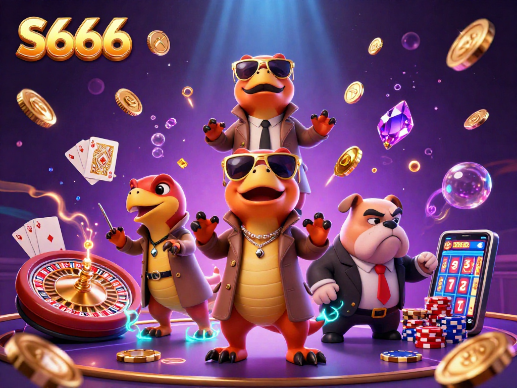 Experience exciting gameplay at S666 with raptors entering a VIP lounge surrounded by casino elements.