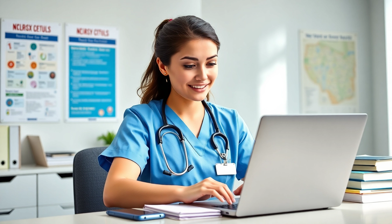 Check Past Nclex fast results on a laptop with a nursing student in an office.