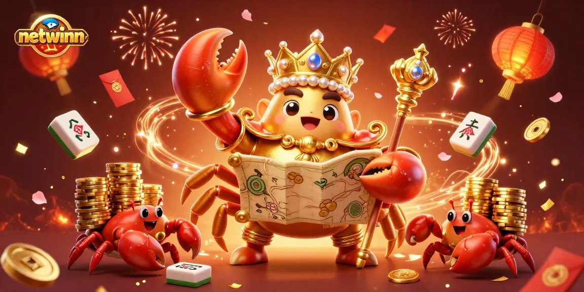 Spin the reels with netwinn at a vibrant, 3D casino featuring a golden crab emperor and festive elements.