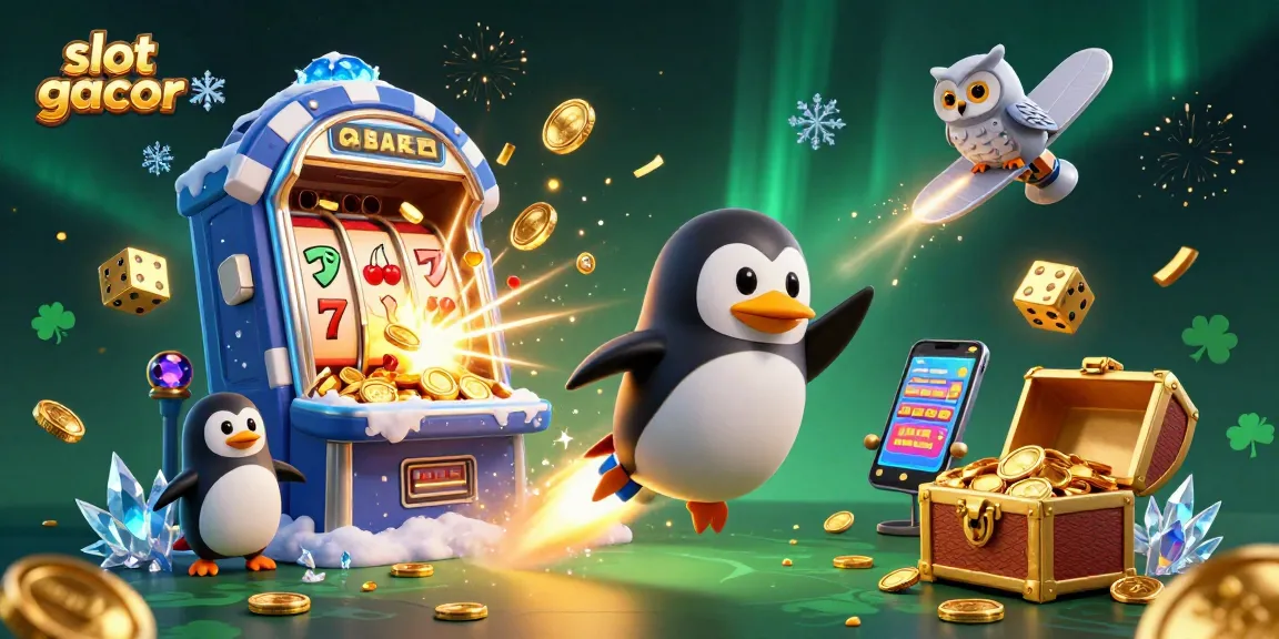 Experience the thrill of slot gacor with a dynamic space journey alongside a golden penguin and rich casino symbols.