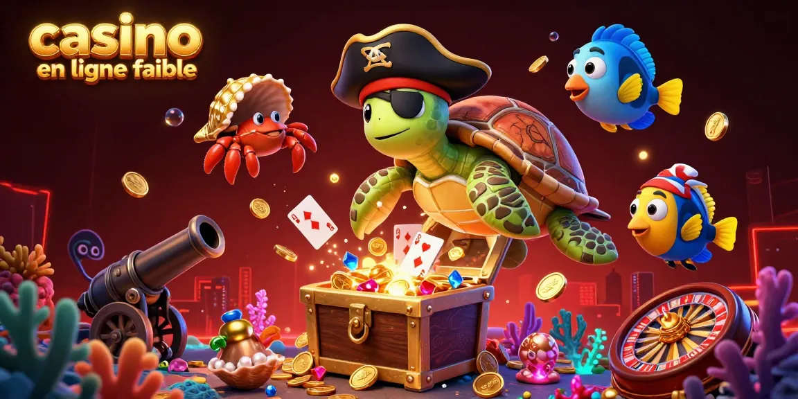 Une illustration 3D captivante représentant un casino en ligne fiable avec une tortue pirate, un crabe et un poisson-perroquet sur un trésor sous-marin.