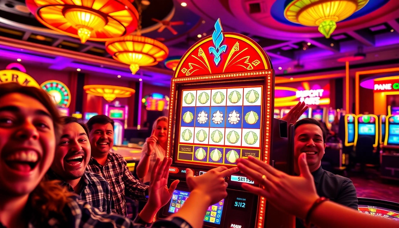 Momen menang slot jackpot yang menggembirakan di kasino dengan pemain merayakan