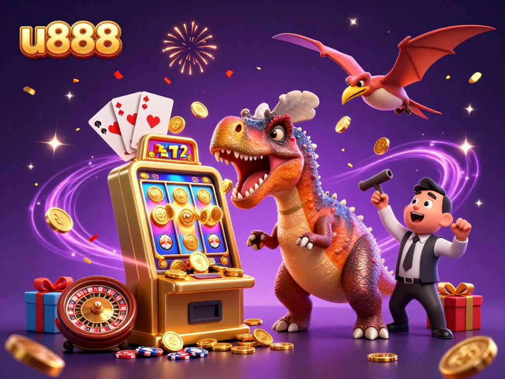 u888 players enjoy winning jackpots as a pachycephalosaurus interacts with a slot machine