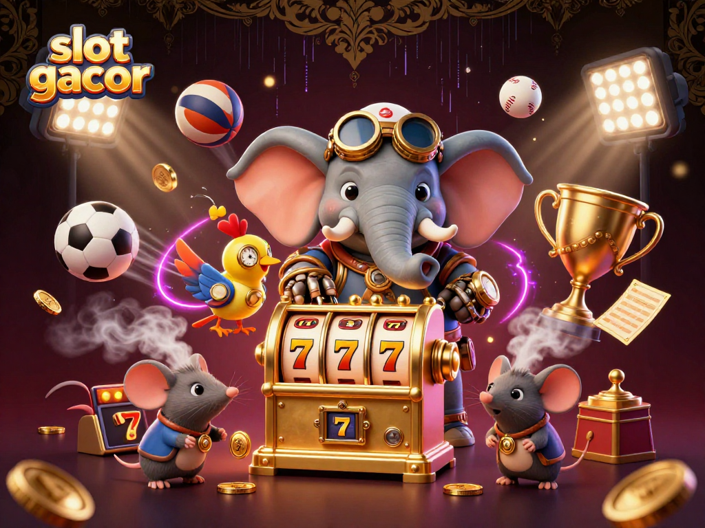 Engage with slot gacor in this vibrant scene featuring steampunk characters and dynamic game elements.