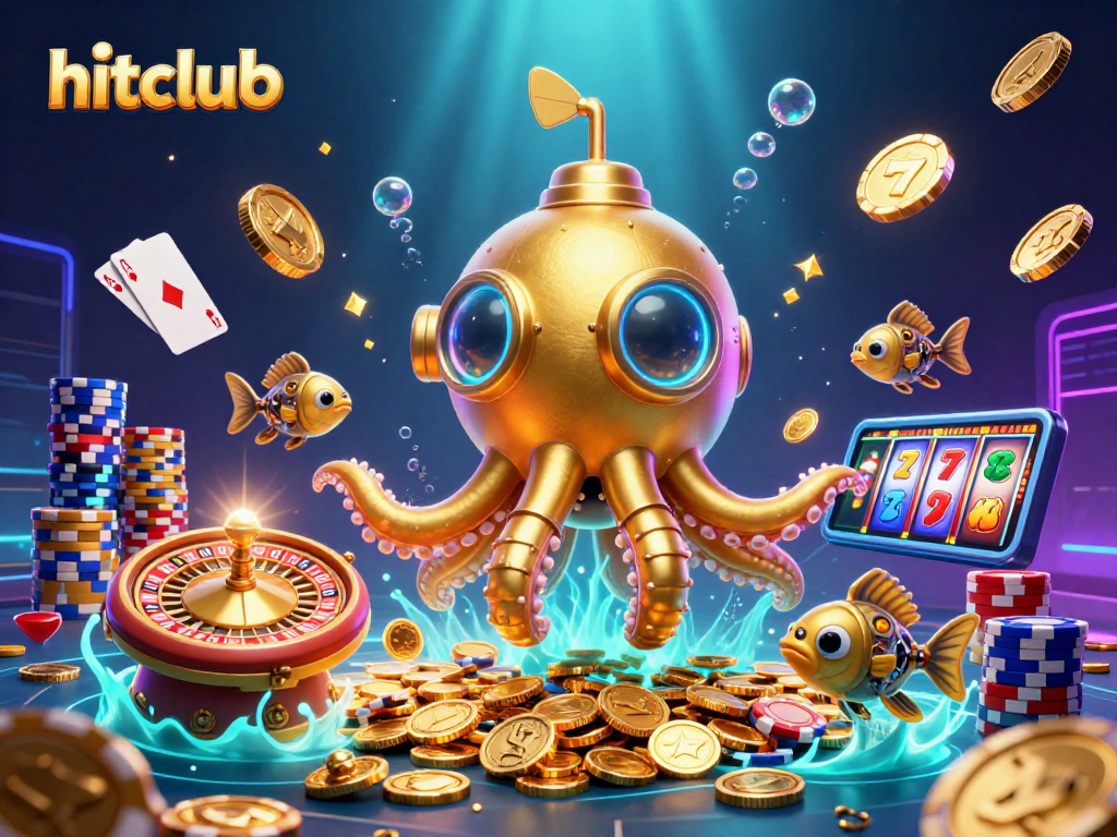 Hitclub showcases an ultra-detailed digital illustration of a kraken submarine amidst slots and coins.