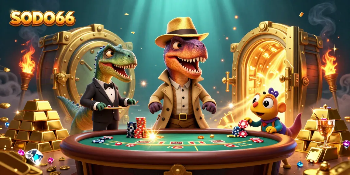 SODO66's vibrant casino scene features a card-counting velociraptor and treasure, adding excitement to gambling.