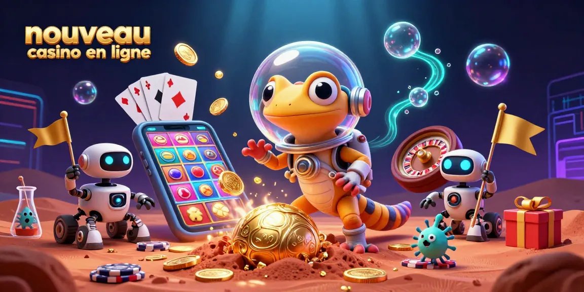 Attirez des gains dans le nouveau casino en ligne avec un gecko de Mars et un robot, entourés de jeux lumineux.