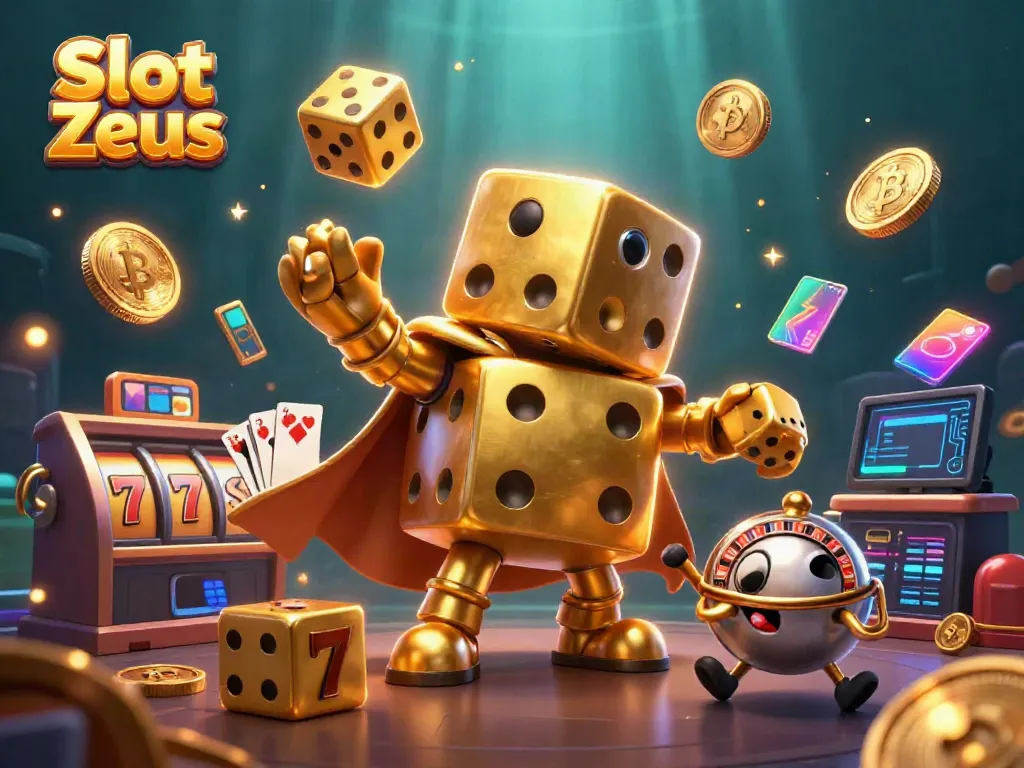 Permainan Slot Zeus yang menarik dengan golem dadu emas dan elemen kasino yang mencolok.
