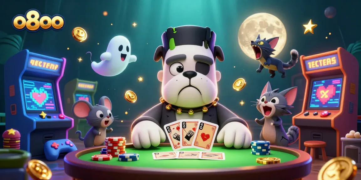 Engage with o8oo at a lively casino scene featuring a Frankenstein bulldog dealer and ghostly elements.