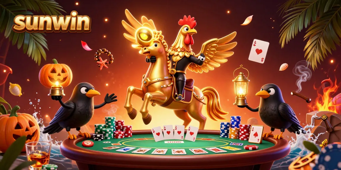 Engage with sunwin's vibrant casino scene featuring a golden rooster and poker elements.