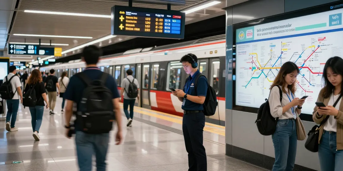 Real-time subway service alerts displayed at a busy urban station, with a tracker monitoring updates.