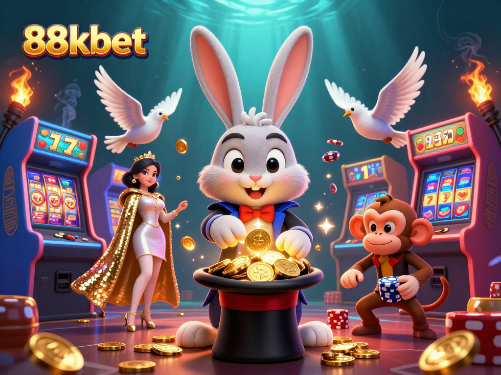 Experience the excitement of 88kbet with a magician rabbit revealing golden coins and poker chips in a vibrant casino scene.