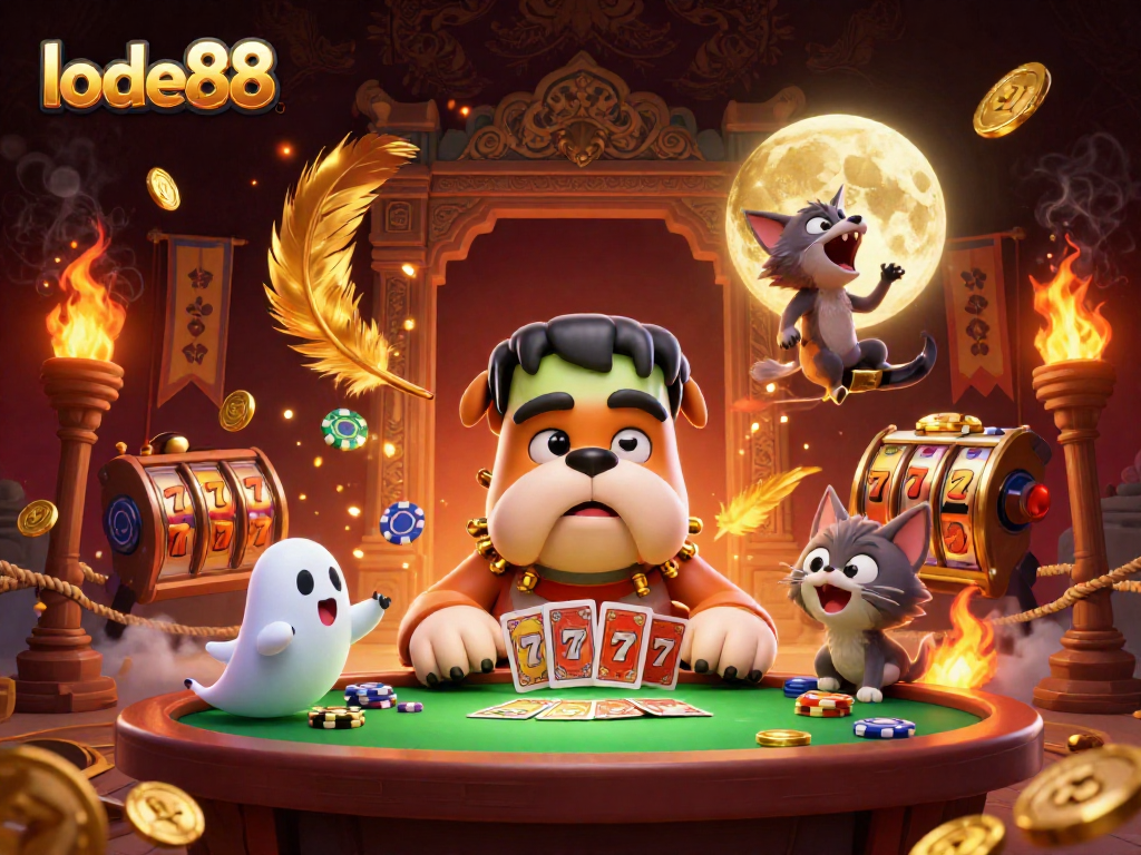 Engage in thrilling gameplay with lode88's vibrant 3D casino illustration featuring monsters and gold.