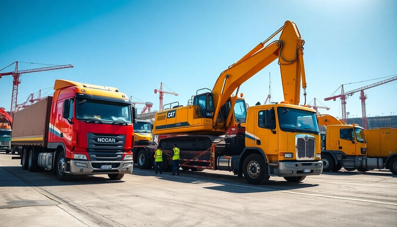 Transporting equipment transportation via heavy-duty trucks at a construction site.