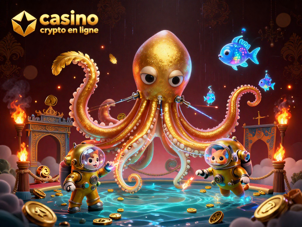 Découvrez un casino crypto en ligne dynamique avec un kraken et un chat plongeur dans une scène colorée.