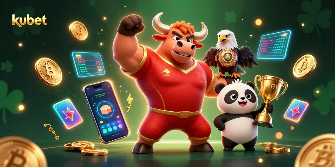 Join the victory at Kubet Casino with a bull mascot, eagle champion, and a panda trophy in an exciting gaming scene.