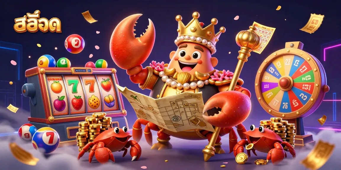 Engage in thrilling สล็อต adventures with vibrant slot reels and golden crab emperor in a dynamic casino scene.