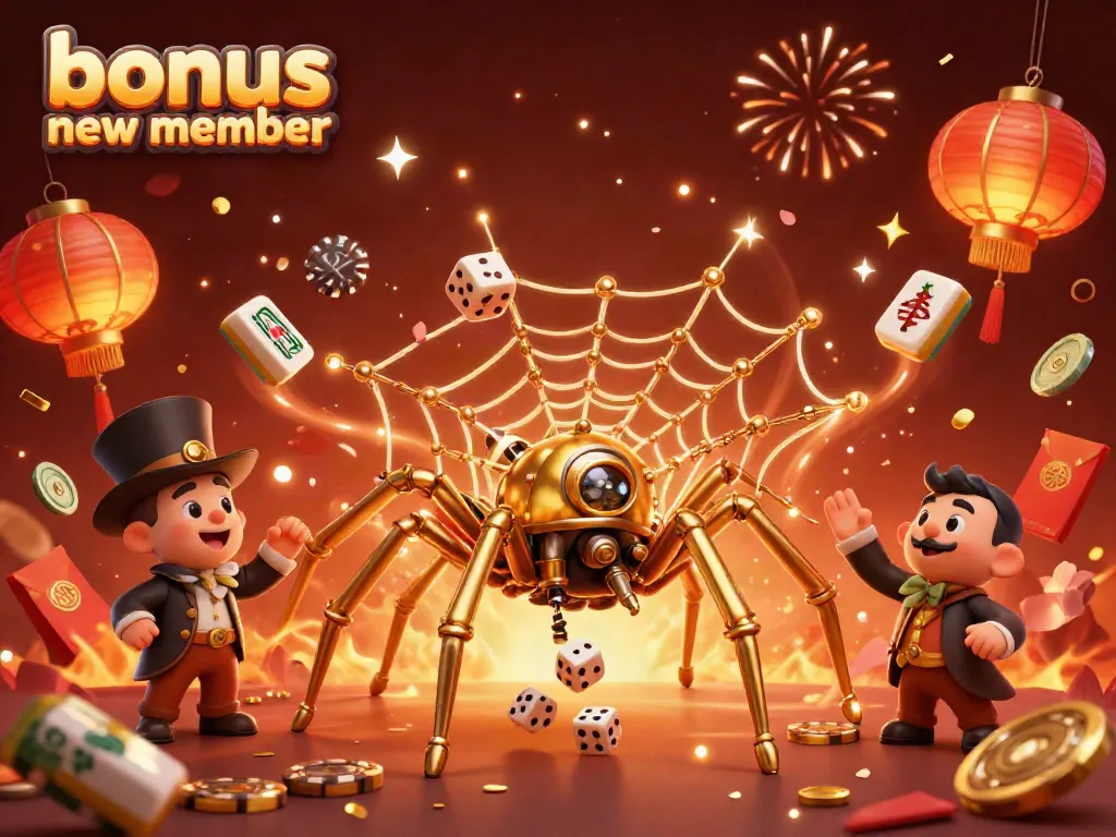 Engage with the bonus new member offer in a vibrant 3D casino scene filled with gold confetti, lucky charms, and festive elements.