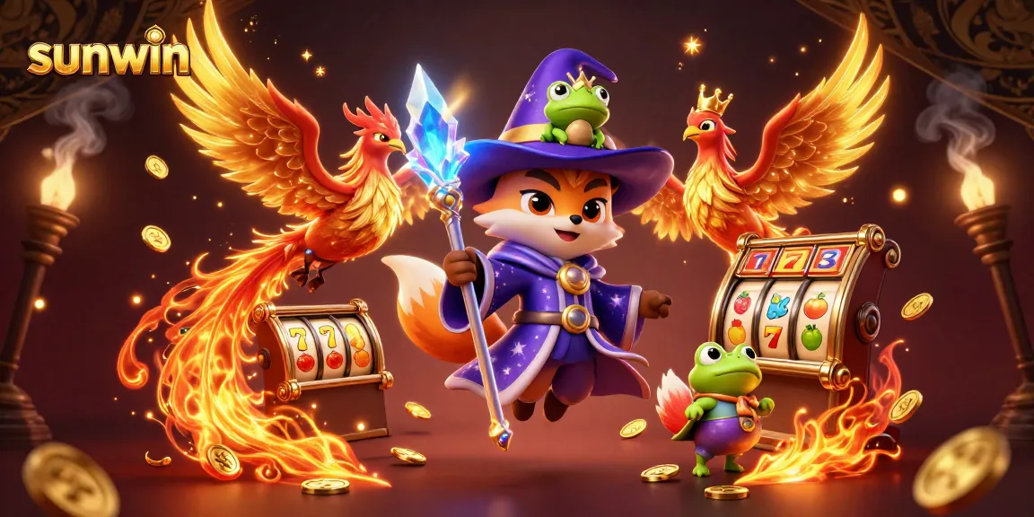 Spin the reels with sunwin's magical casino scene featuring a wizard fox and phoenix.