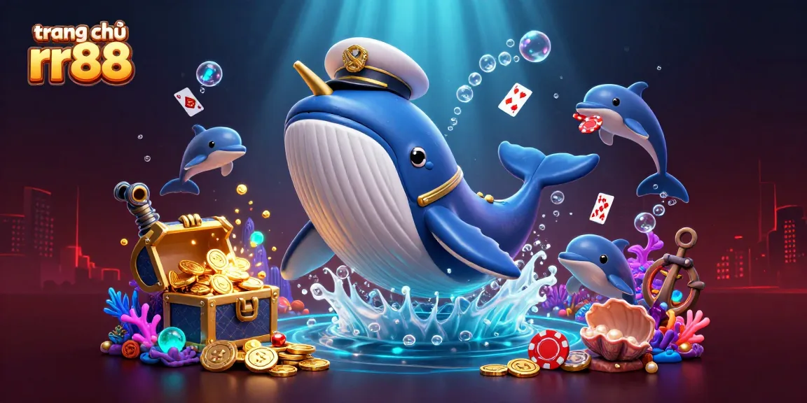 Engage in playful betting at trang chủ rr88 with a vibrant underwater scene featuring a whale and dolphins.