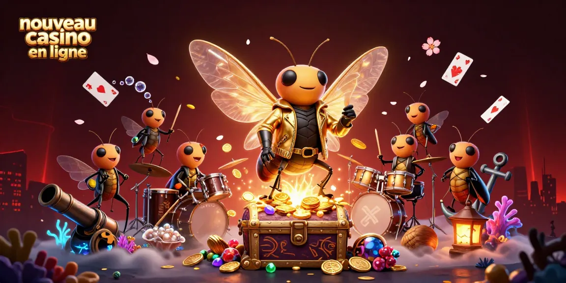 Vibrante illustration 3D représentant un nouveau casino en ligne avec une cigale rock star et des éléments de jeu.