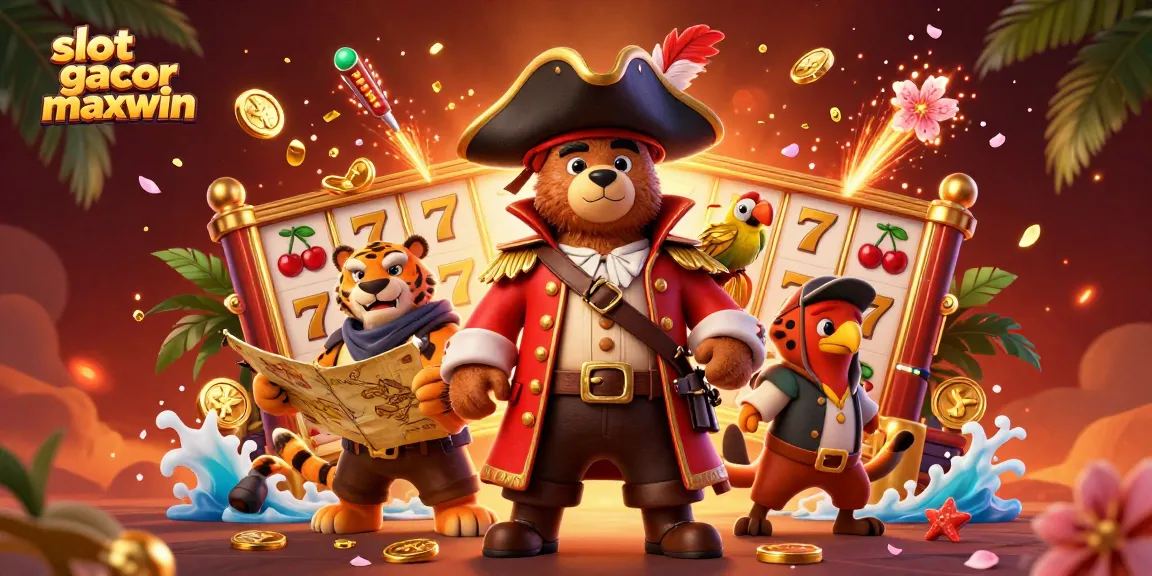 Spin the reels with slot gacor maxwin, featuring a cartoon bear captain and dynamic gaming elements.