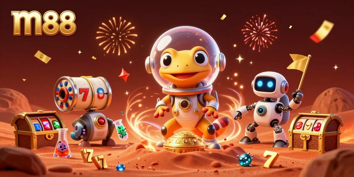 Experience thrilling wins at m88 with a Martian gecko discovering a golden casino surrounded by vibrant gambling elements.