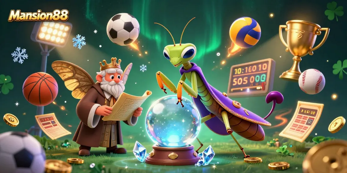 Mansion88 players enjoy sports betting excitement with a mystical fortune teller and librarian in a rich artwork.