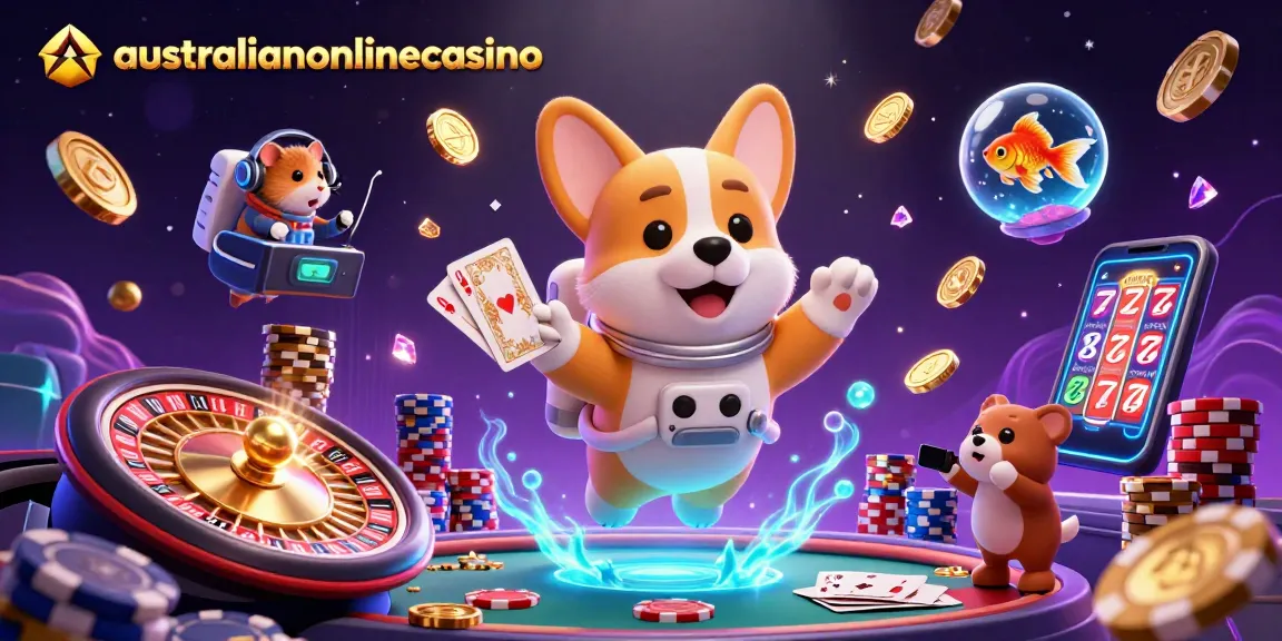 Engaging scene of australianonlinecasino with a cartoon corgi, shimmering poker chips, and a winning atmosphere.