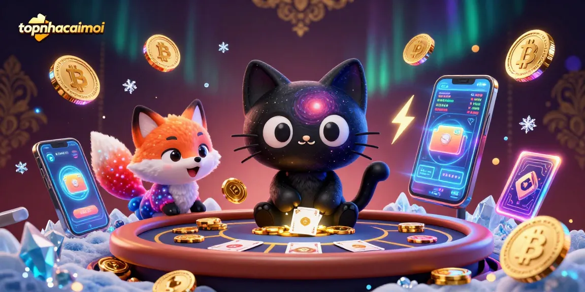 topnhacaimoi showcases a cosmic casino scene with a black hole cat and nebula fox playing with neon crypto tokens.