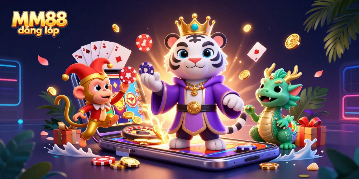 Join the excitement of MM88 đăng nhập with a vibrant 3D casino illustration of winning elements.