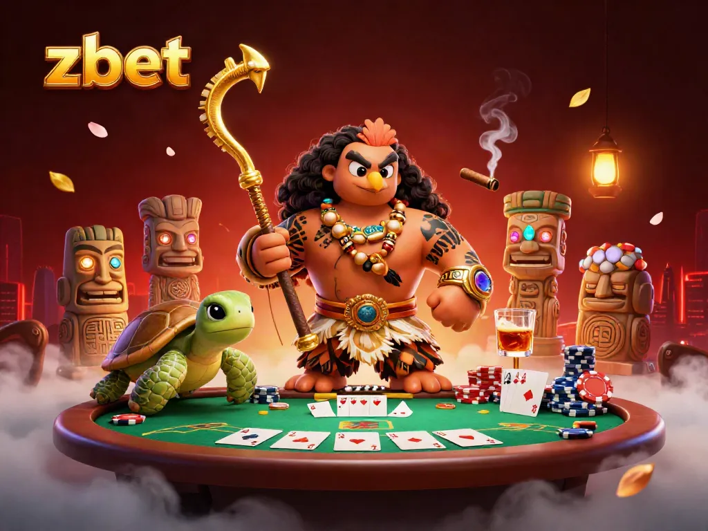 Experience thrilling action at zbet with vibrant graphics of a hawk character, poker elements, and glowing tiki statues.