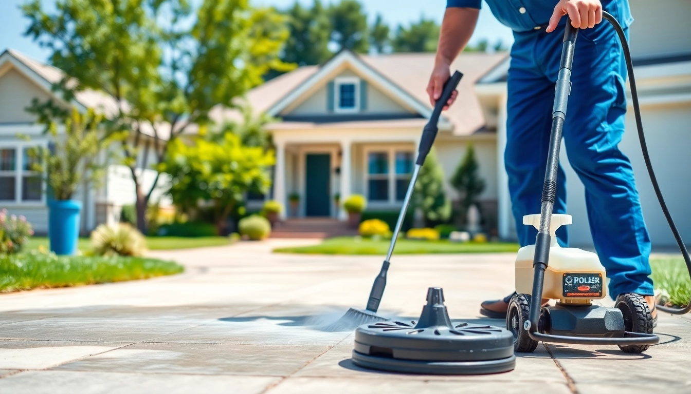 Driveway cleaning services performed by a professional technician on a smooth concrete driveway.