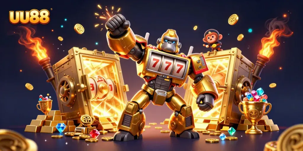 Spin with uu88's golden gorilla mech slot machine, showcasing jackpots and vibrant treasures.