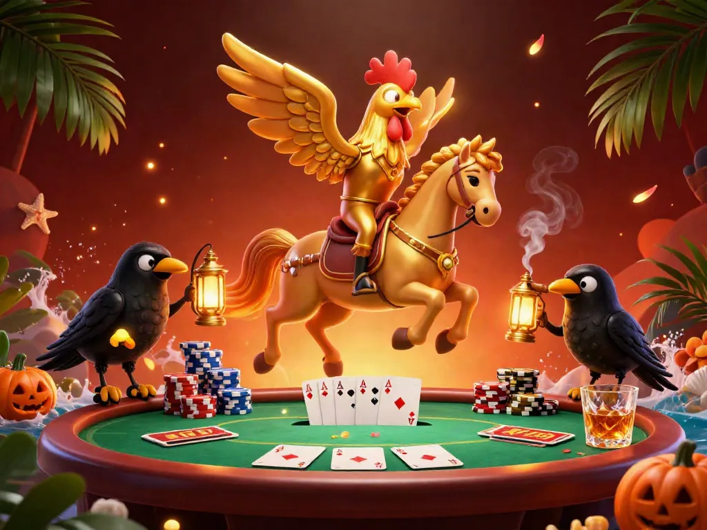 Experience seamless gambling action with sayangbet, featuring a golden rooster headless horseman and vibrant poker elements in a lively casino setting.