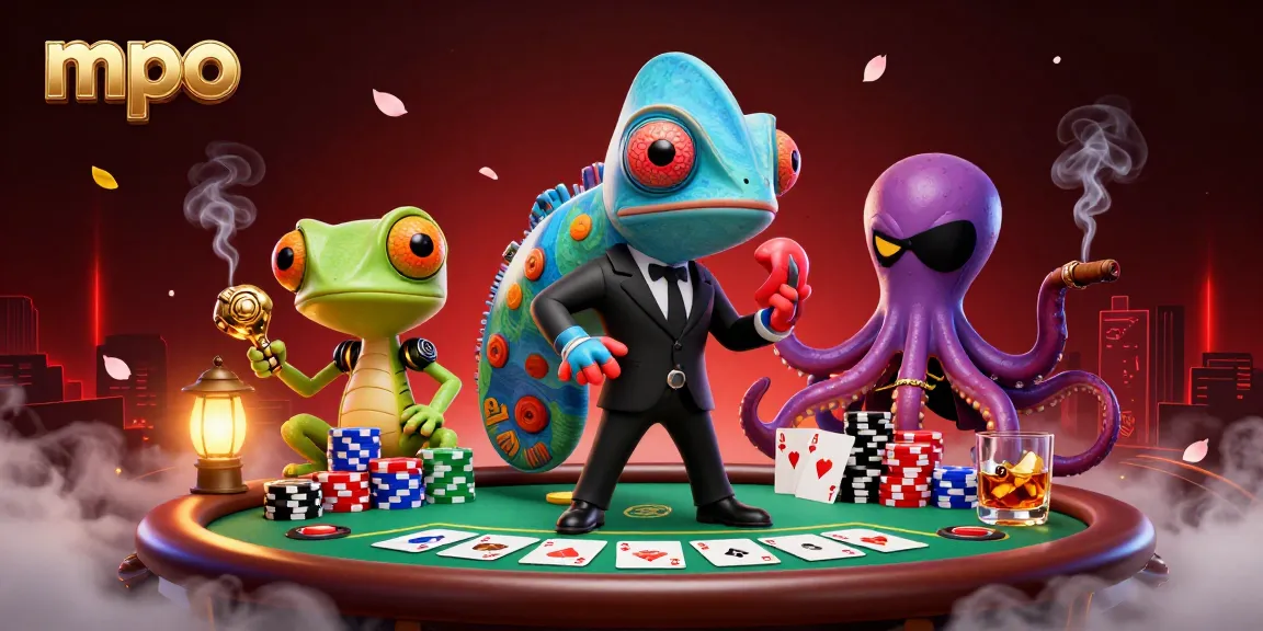 Experience vibrant mpo gaming with a cartoon chameleon agent and villainous octopus at a poker table.