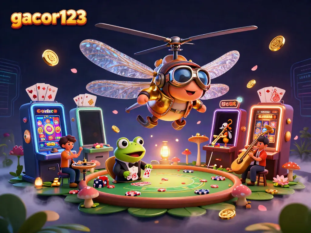 Experience thrilling gambling action at gacor123 with a whimsical dragonfly pilot, frog croupier, and lively casino atmosphere