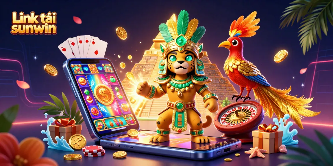 Experience the excitement of Link tải sunwin with vibrant casino games in a colorful 3D illustration.